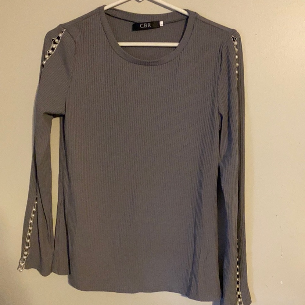 Long sleeve gray  pearl embellished slit sleeves